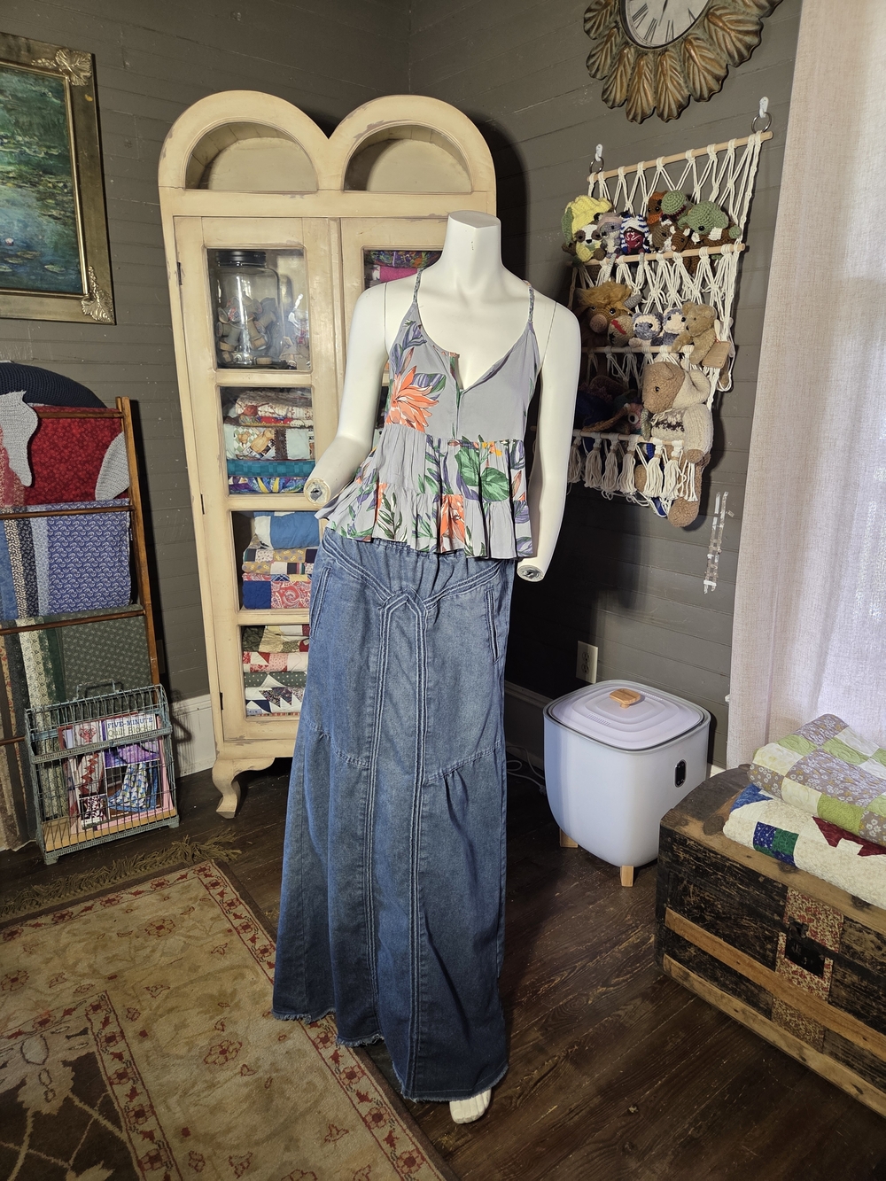 Washed Denim Maxi Skirt - Casual Long Blue Skirt